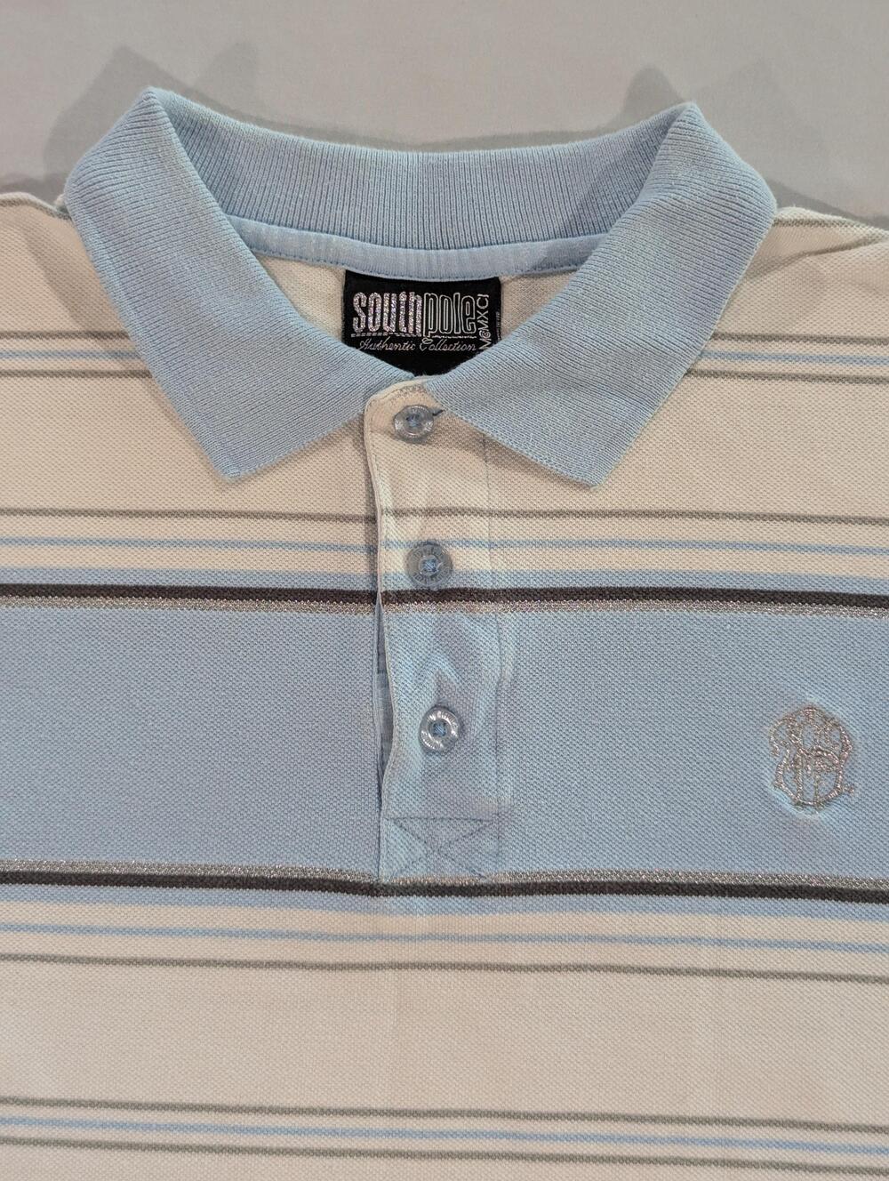 Southpole Polo Shirt Mens L Blue White Striped Short Sleeve Cotton Casual
